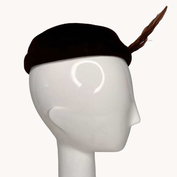 Vintage Henry Pollak Fascinator 30s 40s Selkirk Brown Wool Feather Topper Hat - Picture 3 of 7